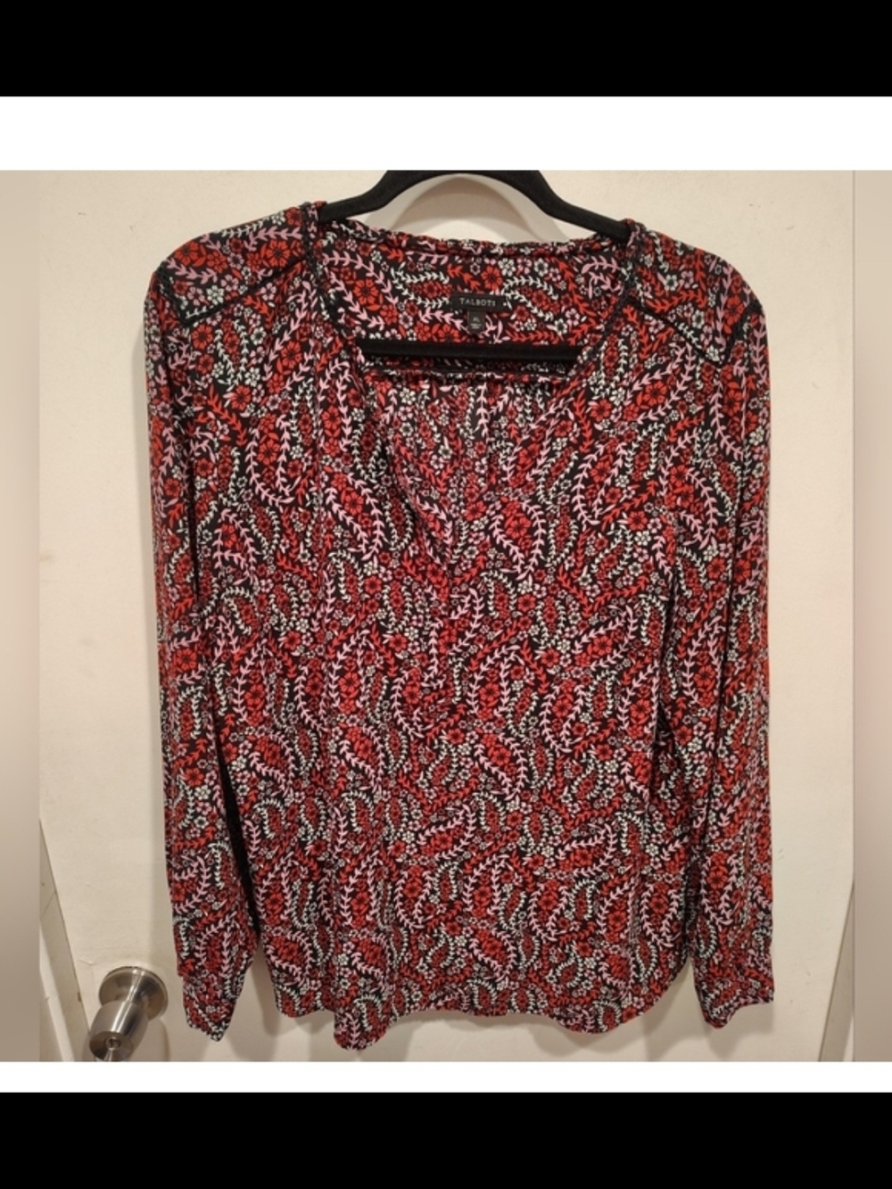 Talbots Red Multi-Print Long-Sleeve V-Neck Top